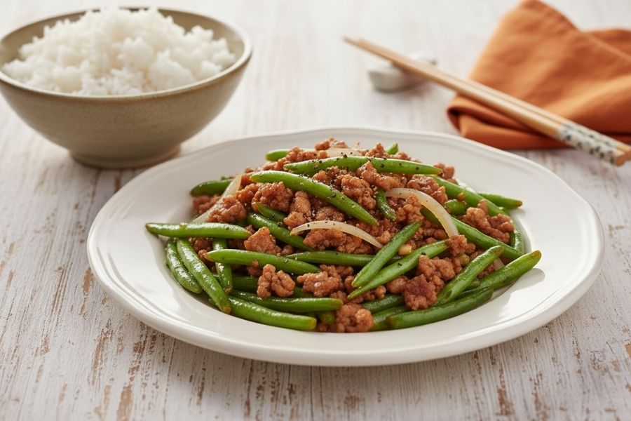 Đậu que xào thịt băm giòn ngọt, chế biến cực nhanh.