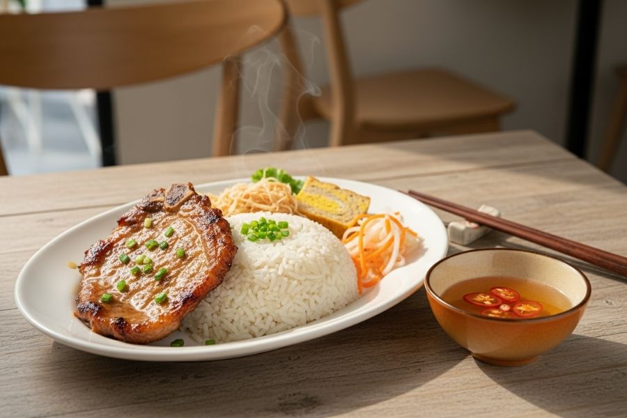 Dĩa cơm tấm sườn bì chả mỡ hành trứ danh.