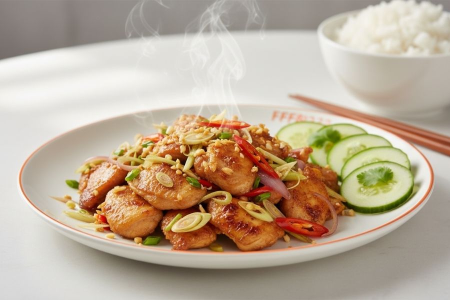 Đĩa gà xào sả ớt ăn kèm dưa leo giòn rụm.