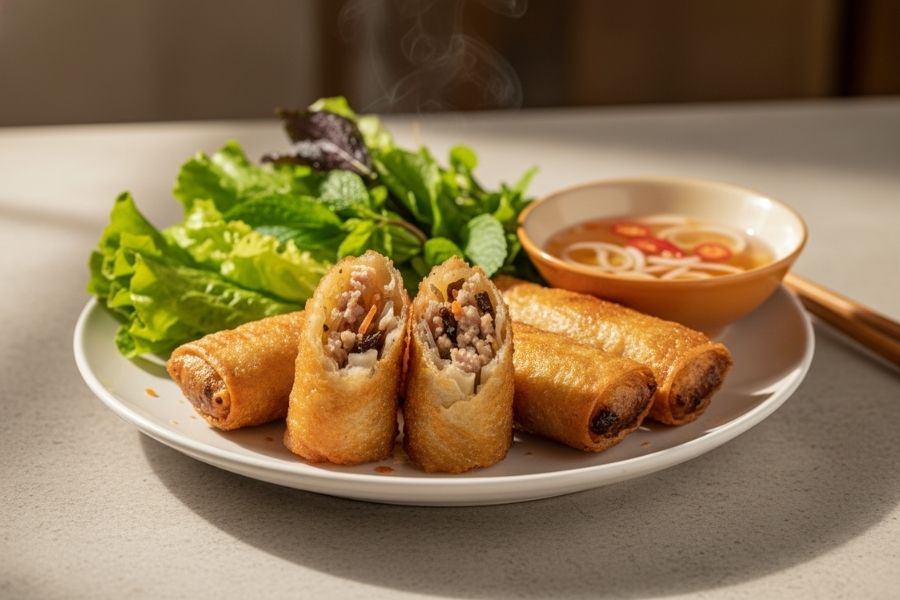 Đĩa nem rán (chả giò) vỏ giòn tan.