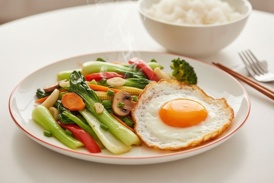 Đĩa rau xào xanh mướt kèm trứng ốp la lòng đào.