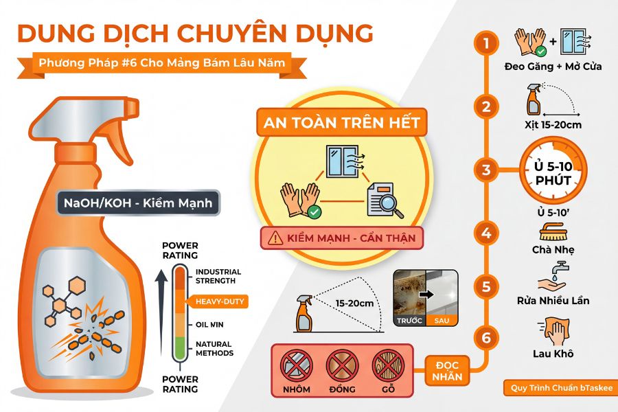Đối với các mảng bám tích tụ lâu năm, việc sử dụng dung dịch chuyên dụng cùng đồ bảo hộ (găng tay, khẩu trang) là quy trình bắt buộc để đảm bảo hiệu quả và an toàn.