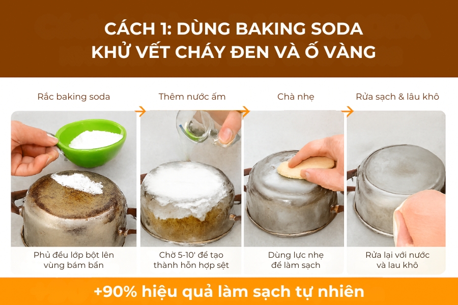 Dùng baking soda để khử vết cháy và ố vàng.