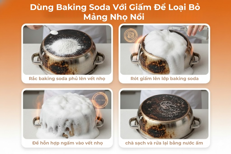Dùng baking soda và giấm để loại bỏ mảng nhọ nồi lâu ngày.