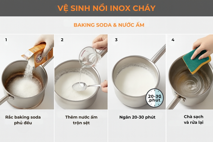 Dùng baking soda và nước ấm để vệ sinh nồi inox bị cháy.
