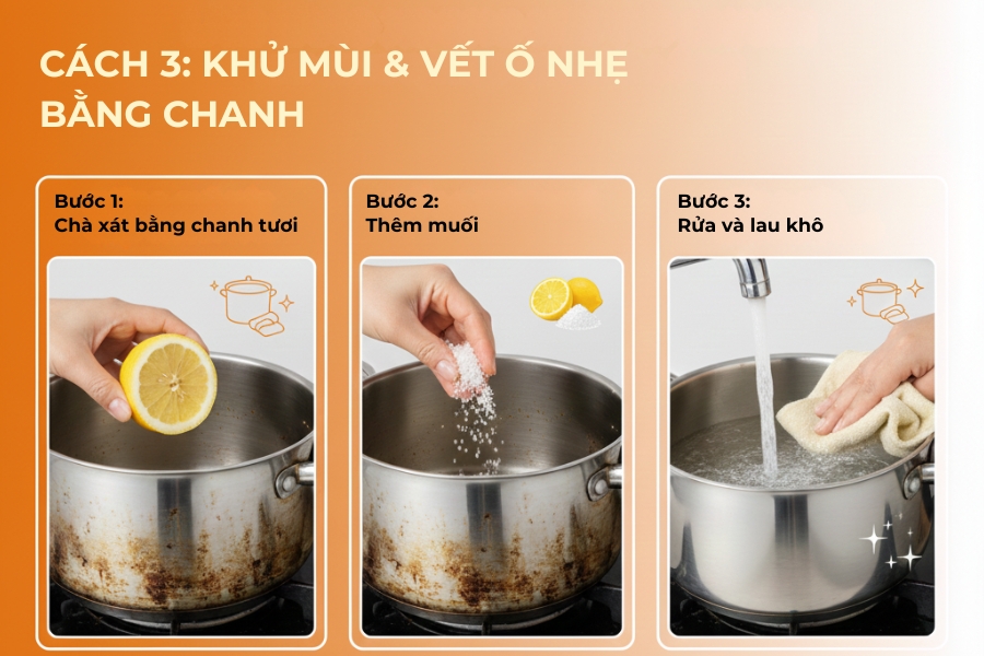 Dùng chanh để làm sáng vết ố bề mặt xoong nồi.