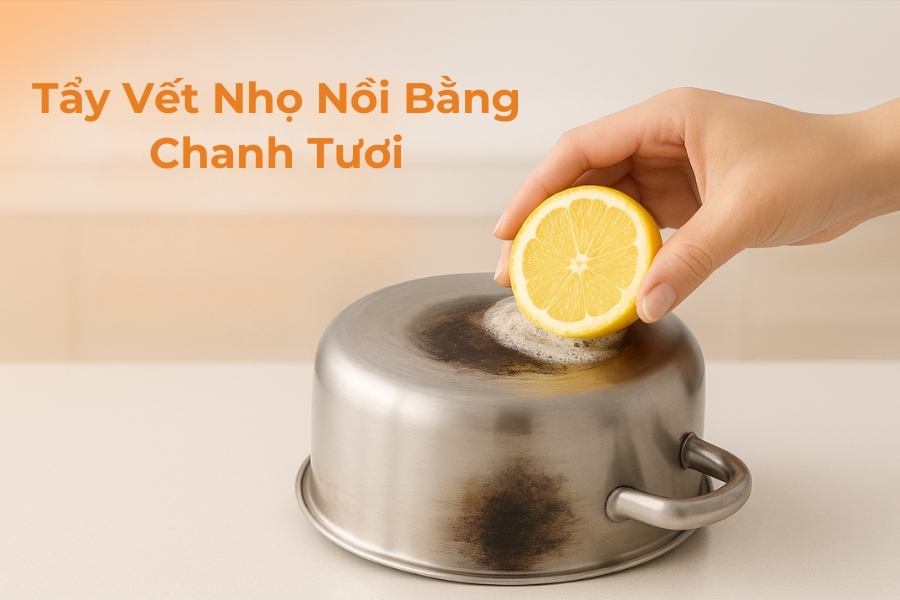 Dùng chanh tươi để tẩy vết nhọ nồi.
