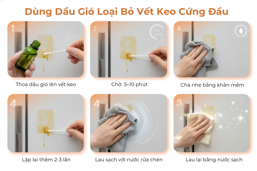 Dùng dầu gió thoa đều lên vết keo cứng đầu để loại bỏ lớp keo khỏi tủ lạnh.