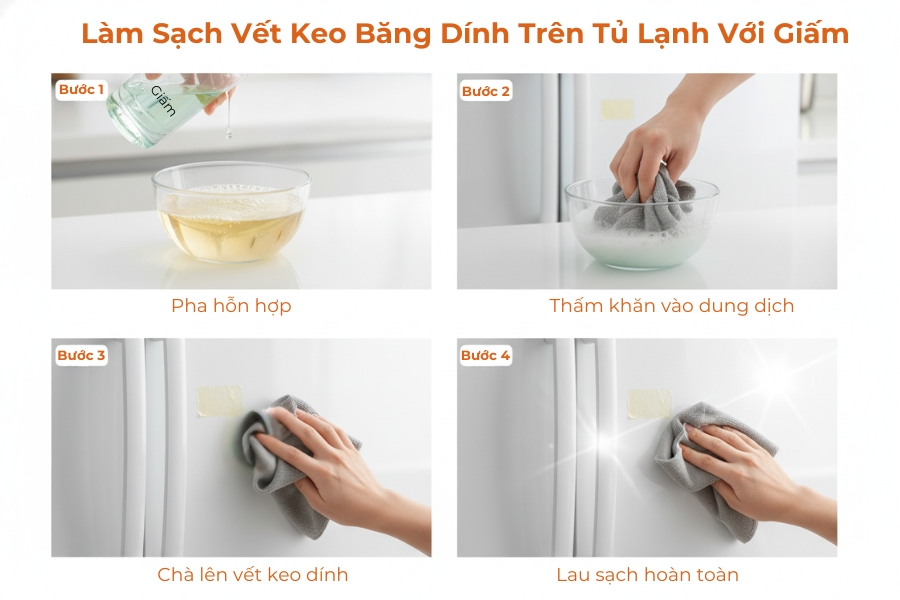 Dùng giấm ăn lau lên vết keo sẽ làm giảm tính dính và loại bỏ được hoàn toàn keo trên tủ lạnh.