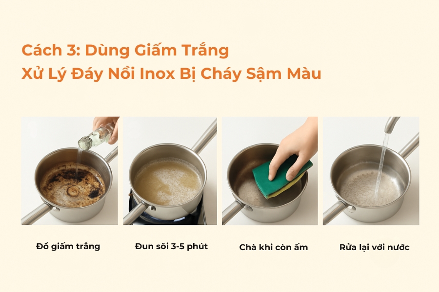Dùng giấm trắng đun sôi cho nồi inox bị sậm màu.