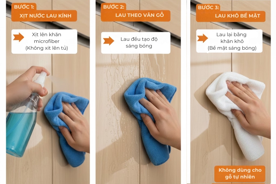 Dùng nước lau kính để vệ sinh nhanh các vết bẩn trên tủ.