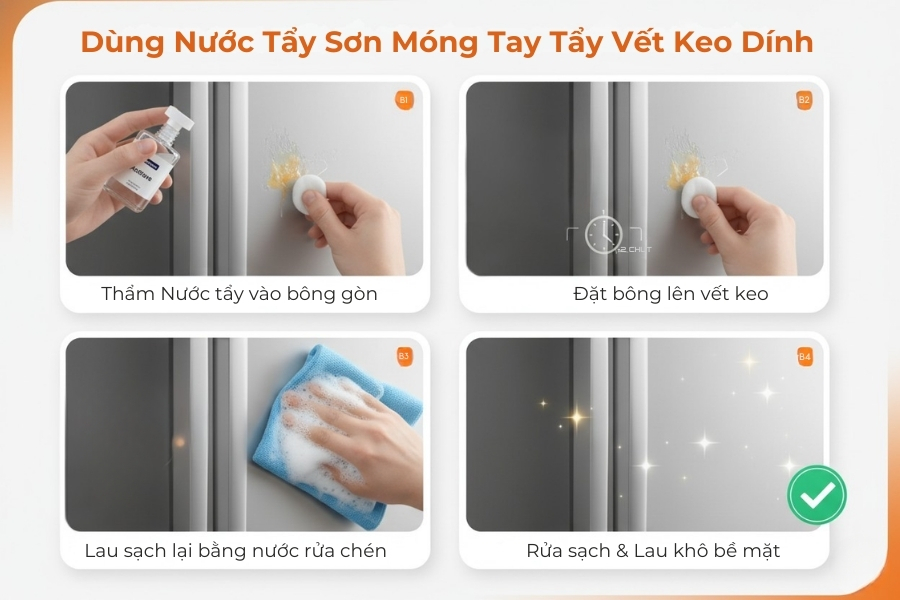 Dùng nước tẩy sơn móc tay tẩy vết keo dính.