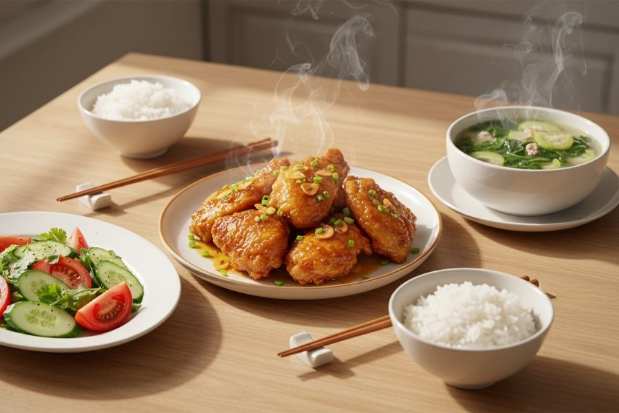 Gà chiên nước mắm - Salad - Canh mồng tơi.