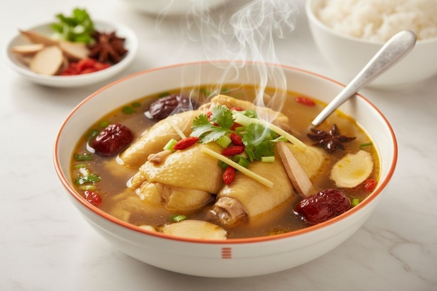 Gà hầm nấm bổ dưỡng, phục hồi năng lượng.