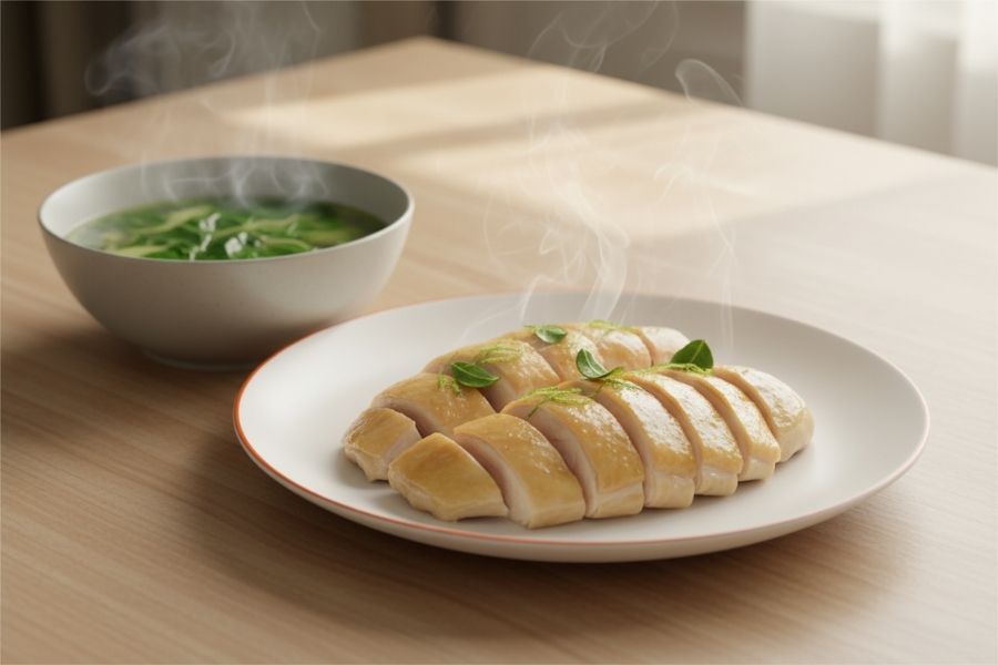 Gà hấp lá chanh da giòn, không dầu mỡ.