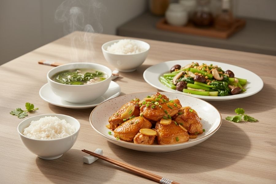 Gà kho gừng - Cải thìa nấm - Canh rau ngót.