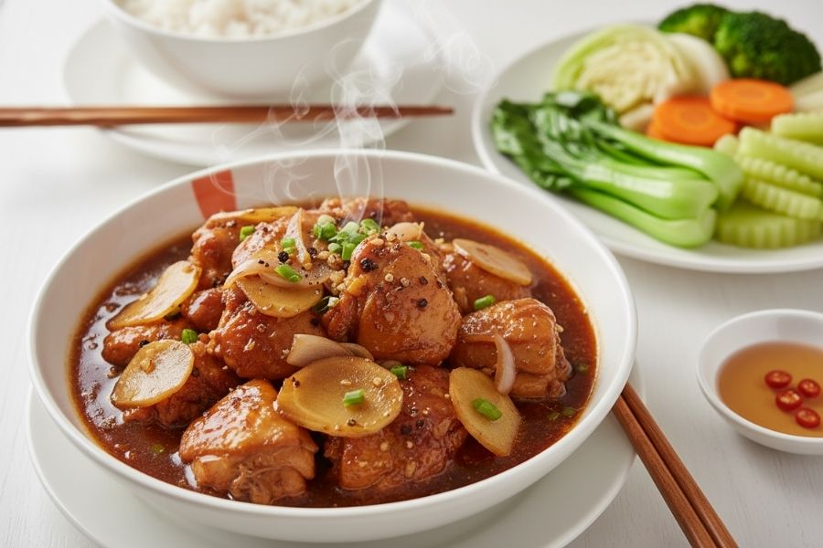 Gà ta kho gừng, thịt chắc ngọt.