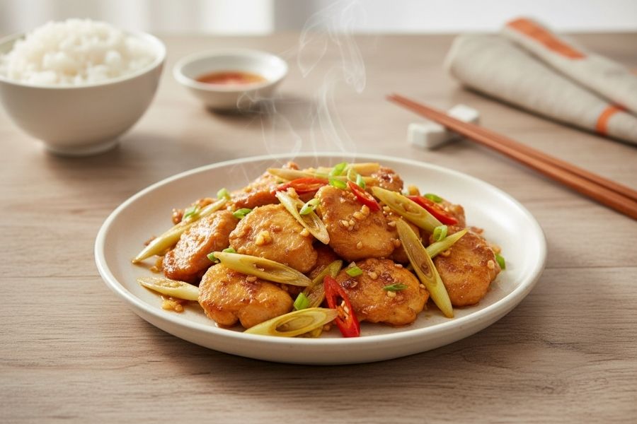 Gà xào sả ớt vàng ươm, thơm lừng gian bếp.