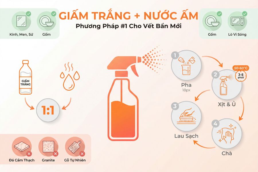 Hỗn hợp giấm trắng và nước ấm là giải pháp'xanh' lý tưởng để loại bỏ các vết dầu mỡ mới bám trên kính và gạch men, trả lại vẻ sáng bóng mà không để lại vệt.