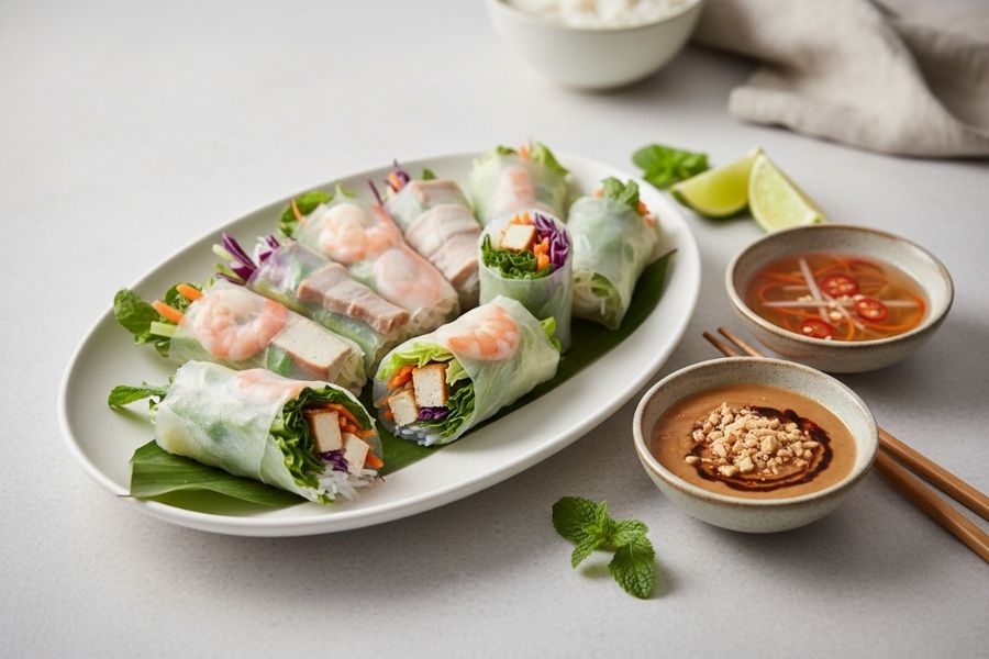 Gỏi cuốn tôm thịt thanh mát, chấm tương béo ngậy.