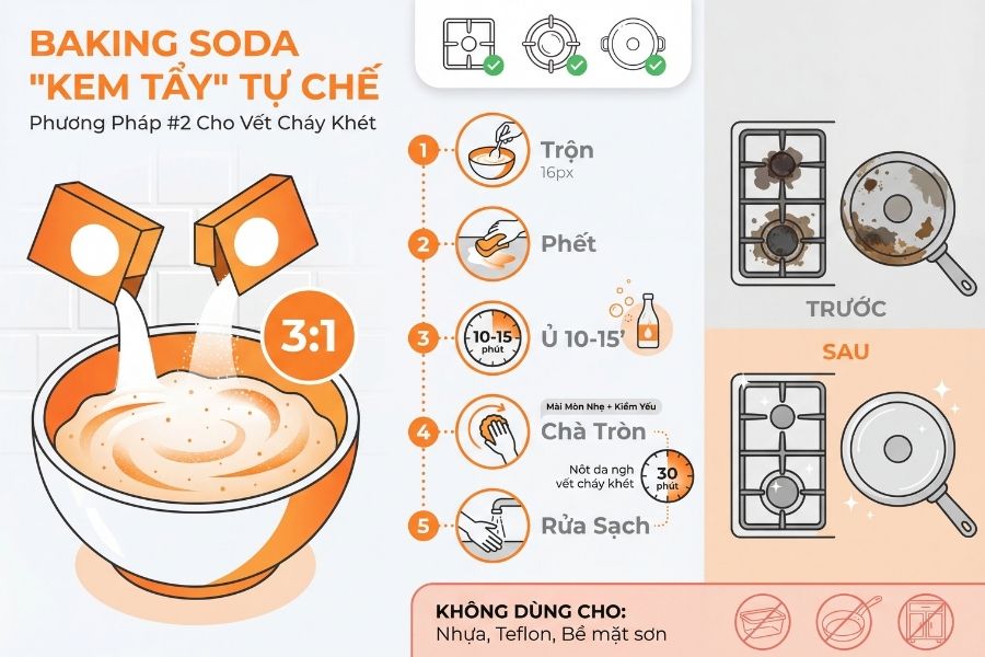 Hỗn hợp sệt từ Baking Soda hoạt động như một chất mài mòn nhẹ, giúp đánh bay các vết cháy khét cứng đầu trên kiềng bếp gas một cách an toàn.