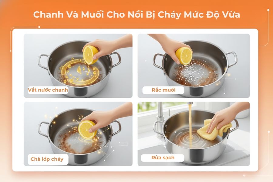 Kết hợp chanh và muối cho nồi có vết cháy vừa phải.