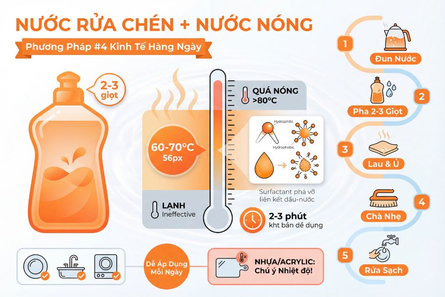 Kết hợp nước nóng 60-70 độ C với nước rửa chén đậm đặc giúp phá vỡ liên kết dầu mỡ nhanh gấp đôi so với việc rửa bằng nước lạnh thông thường