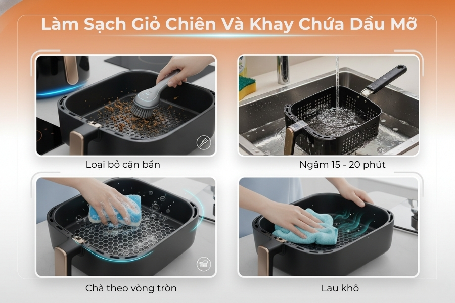 Làm sạch giỏ chiên và khay chứa dầu của nồi chiên không dầu Philips.