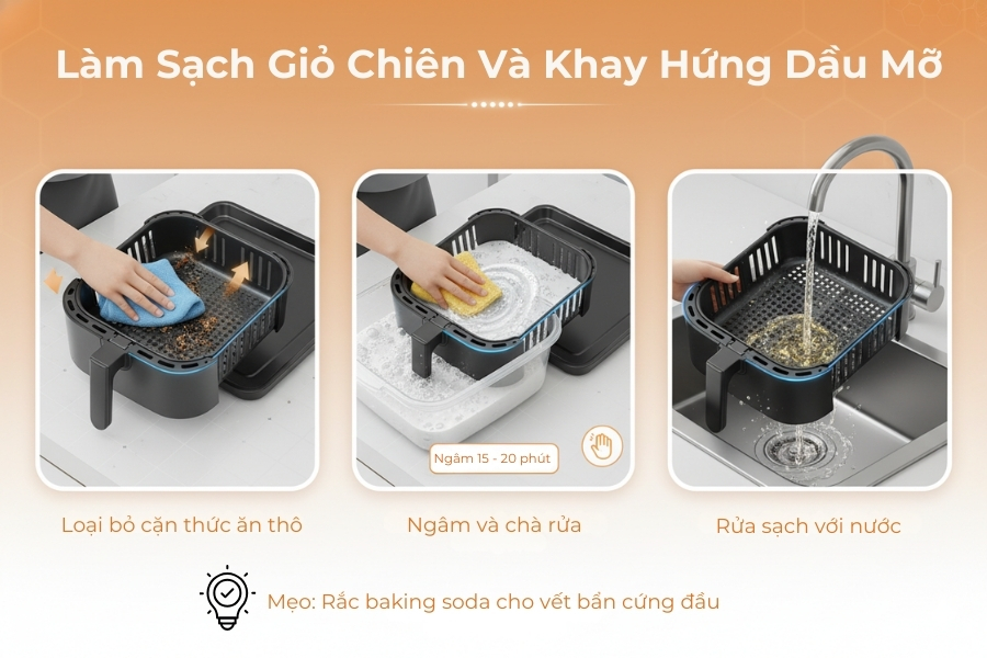 Làm sạch giỏ chiên và khay hứng dấu bằng hỗn hợp baking soda.