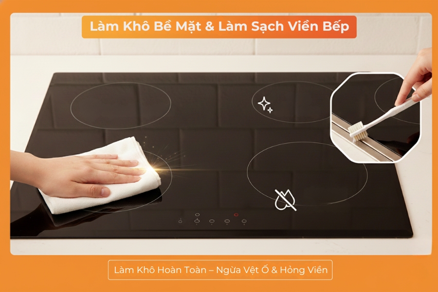 Làm sạch xung quanh viền bếp và làm khô hoàn toàn bề mặt bếp.