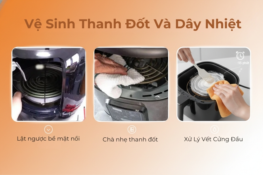 Lật ngược nồi chiên để vệ sinh thanh đốt và dây nhiệt dễ dàng.