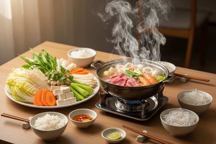 Lẩu bò hải sản mini và rau nhúng lẩu.