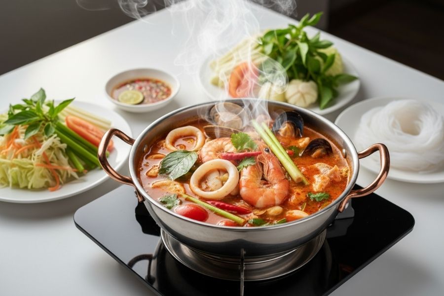 Lẩu Thái hải sản chua cay tại nhà, nhanh gọn mà ngon.