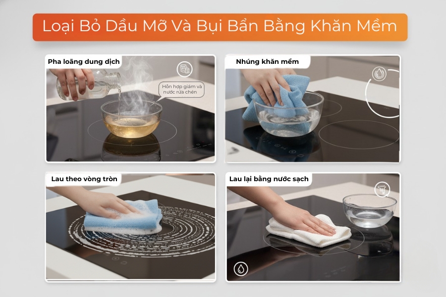 Loại bỏ các lớp dầu mỡ và bụi bẩn hàng ngày bằng khăn mềm và nước rửa chén.