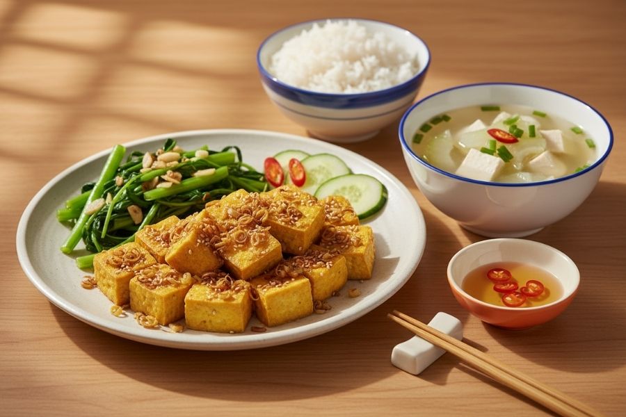 Mâm cơm chay: Đậu hũ chiên sả và canh bí.