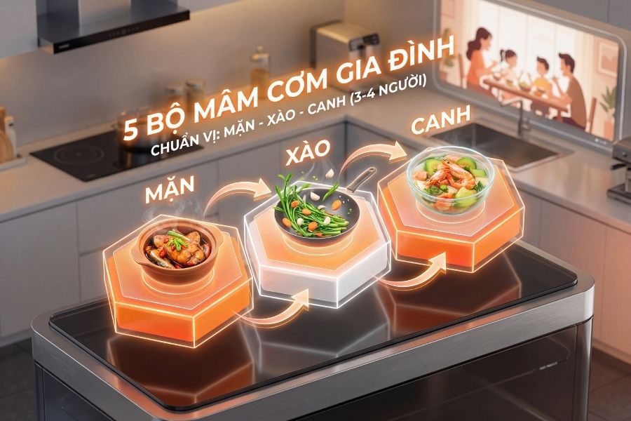Mâm cơm gia đình chuẩn vị với cấu trúc 3 món: Mặn - Xào - Canh.