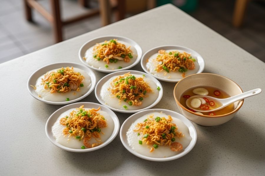 Mẹt bánh bèo chén tôm cháy hấp dẫn.