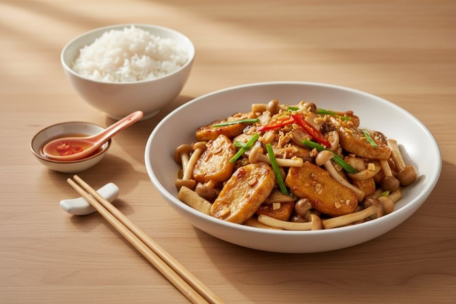 Mì căn xào nấm đông cô dai giòn.