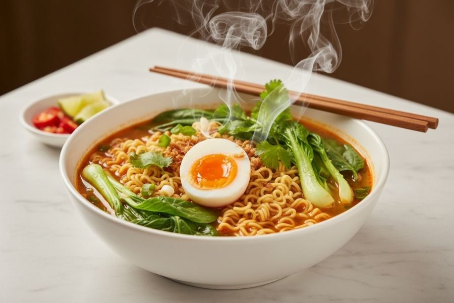 Mì gói "nâng cấp" với trứng trần và rau xanh.