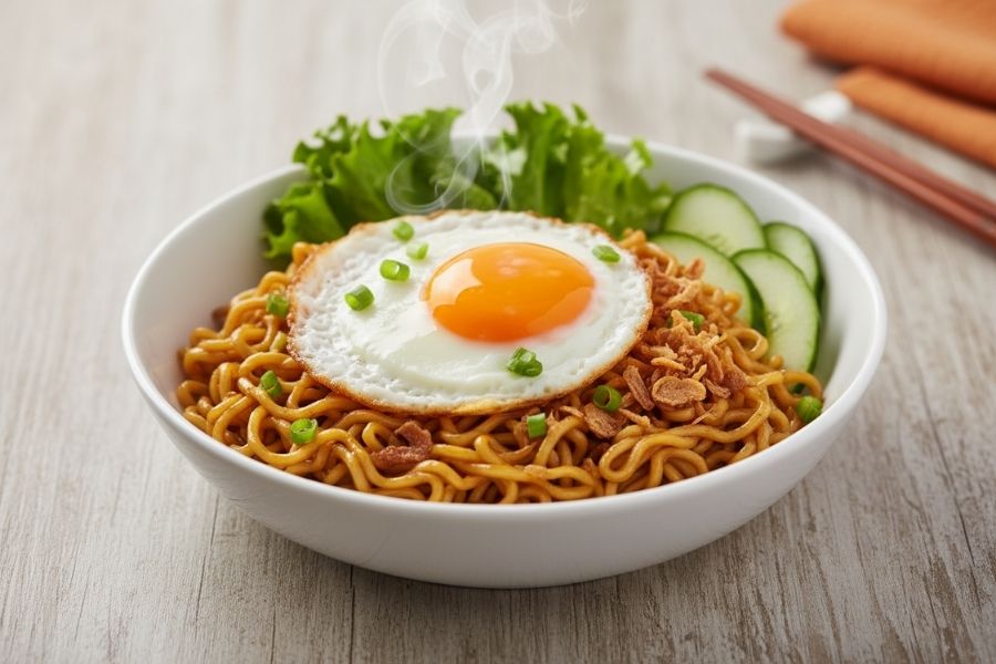 Mì trộn chua ngọt ăn kèm trứng lòng đào và xà lách tươi.