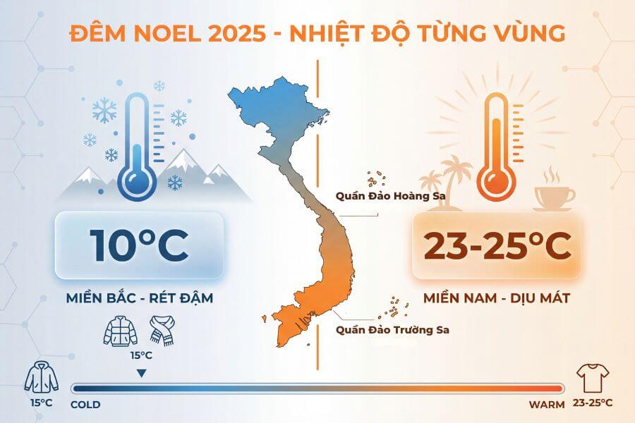 Miền Bắc dự báo đón đợt rét đậm đặc trưng, trong khi miền Nam tận hưởng tiết trời se lạnh dễ chịu dịp Giáng sinh.