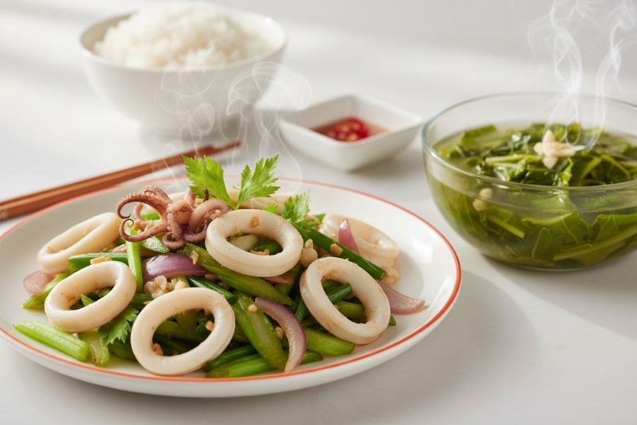 Mực tươi xào hành cần tây giòn ngọt.