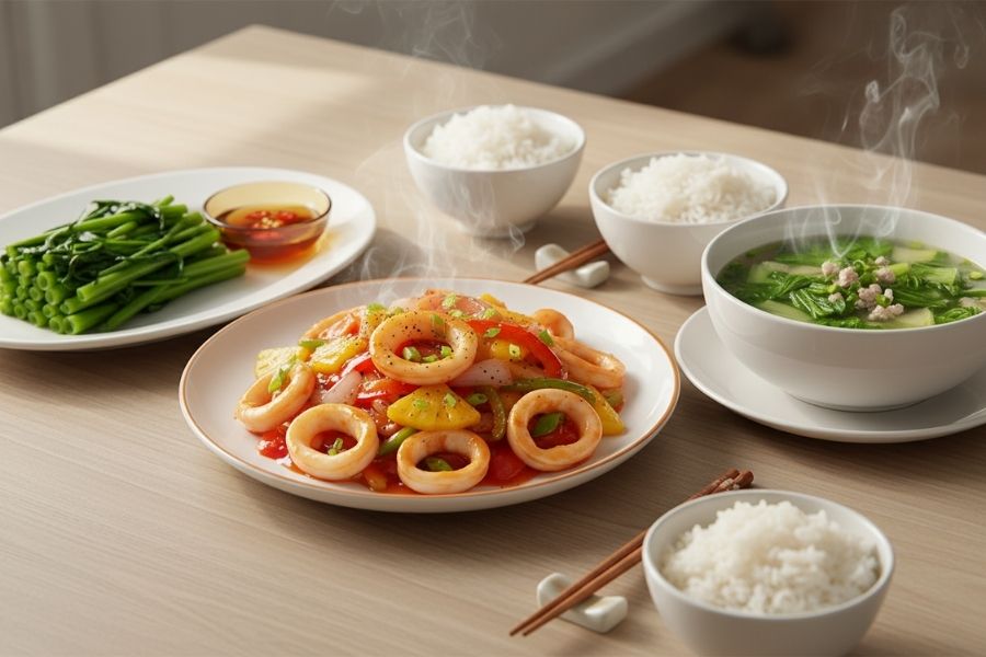 Mực xào chua ngọt - Rau muống luộc - Canh cải thìa.