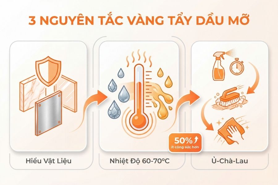 Nắm vững quy trình 3 bước'Làm mềm - Công phá - Làm sạch' là bí quyết giúp các Tasker bTaskee xử lý vết dầu mỡ nhanh chóng mà không làm tổn hại bề mặt vật liệu.