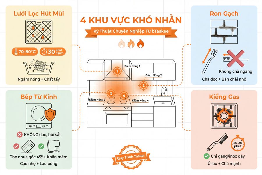 Ngâm lưới lọc máy hút mùi trong nước nóng pha Baking Soda giúp làm mềm và đẩy trôi dầu mỡ từ sâu bên trong các khe kẽ mà bàn chải thường không thể chạm tới.