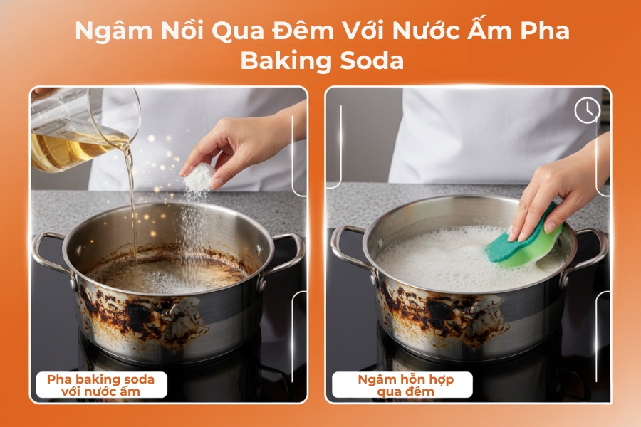 Ngâm nồi qua đêm với nước ấm pha baking soda.