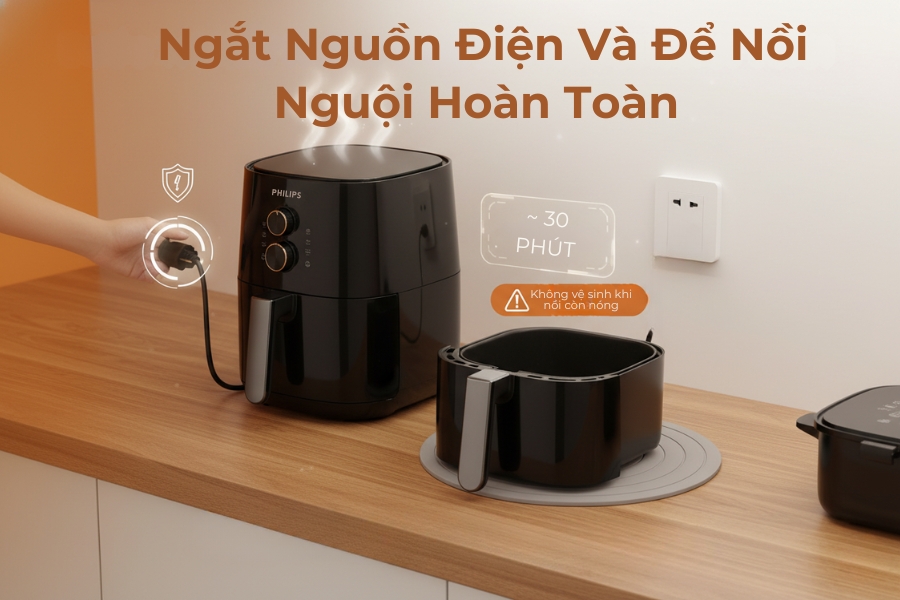 Ngắt nguồn điện và để nồi nguội hoàn toàn trước khi tiến hành vệ sinh.