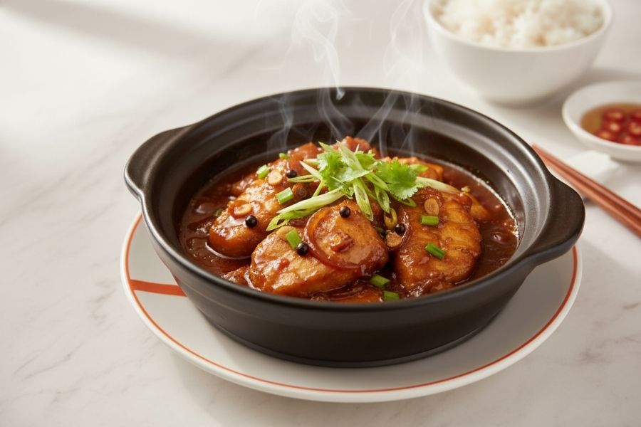 Niêu cá kho tộ sôi sùng sục, đậm chất cơm nhà.