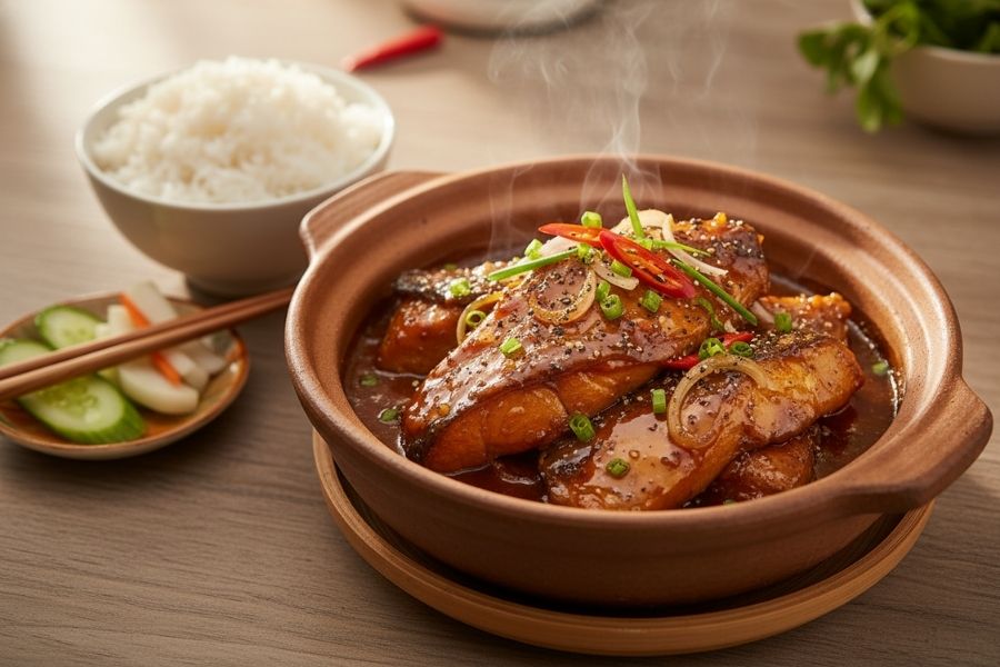 Niêu cá lóc kho tộ sền sệt nước kho.