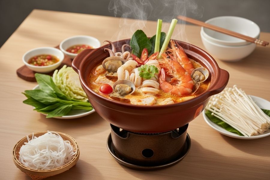 Nồi lẩu hải sản mini đầy ắp tôm mực.